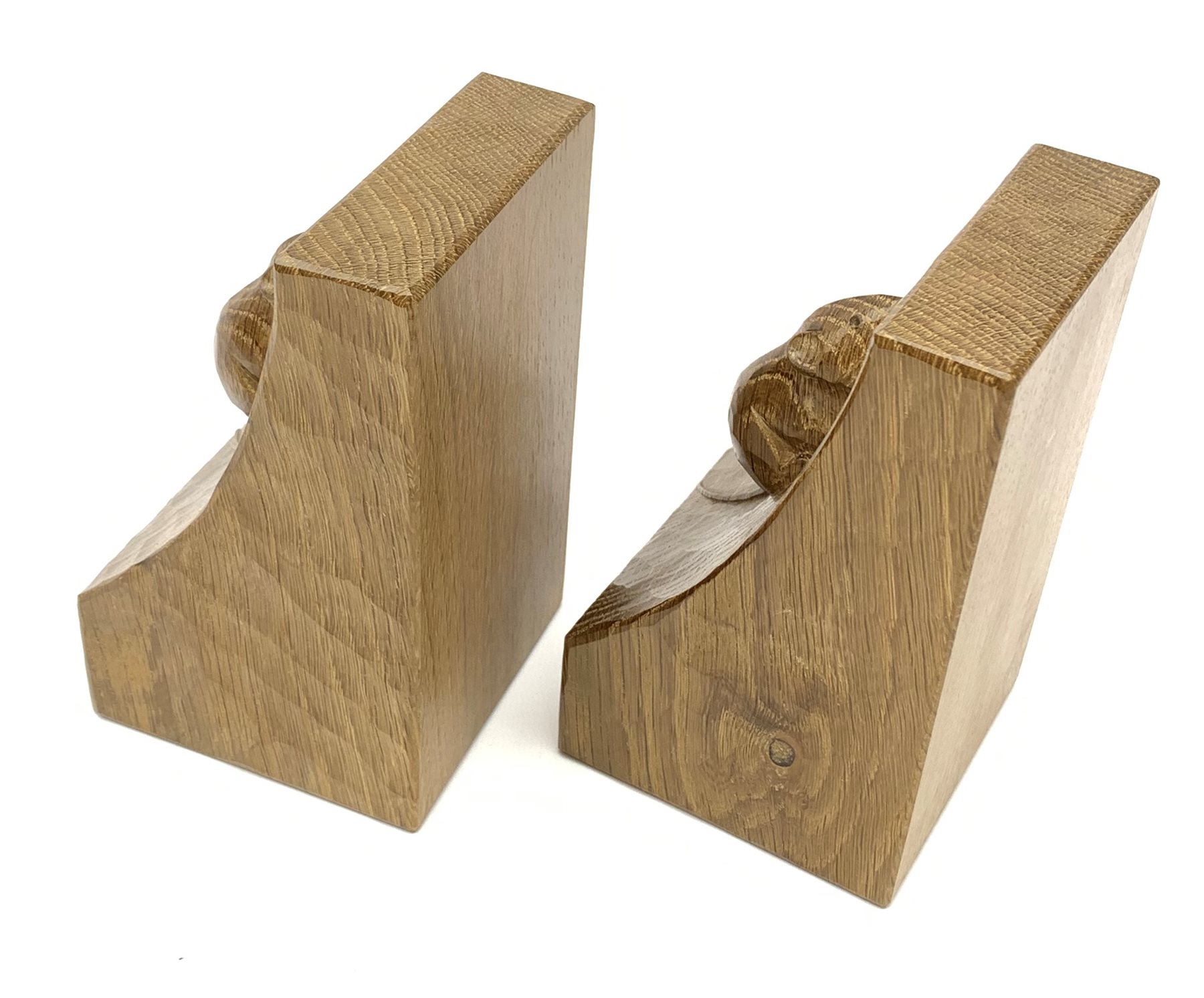 'Mouseman' pair adzed oak bookends by Robert Thompson of Kilburn