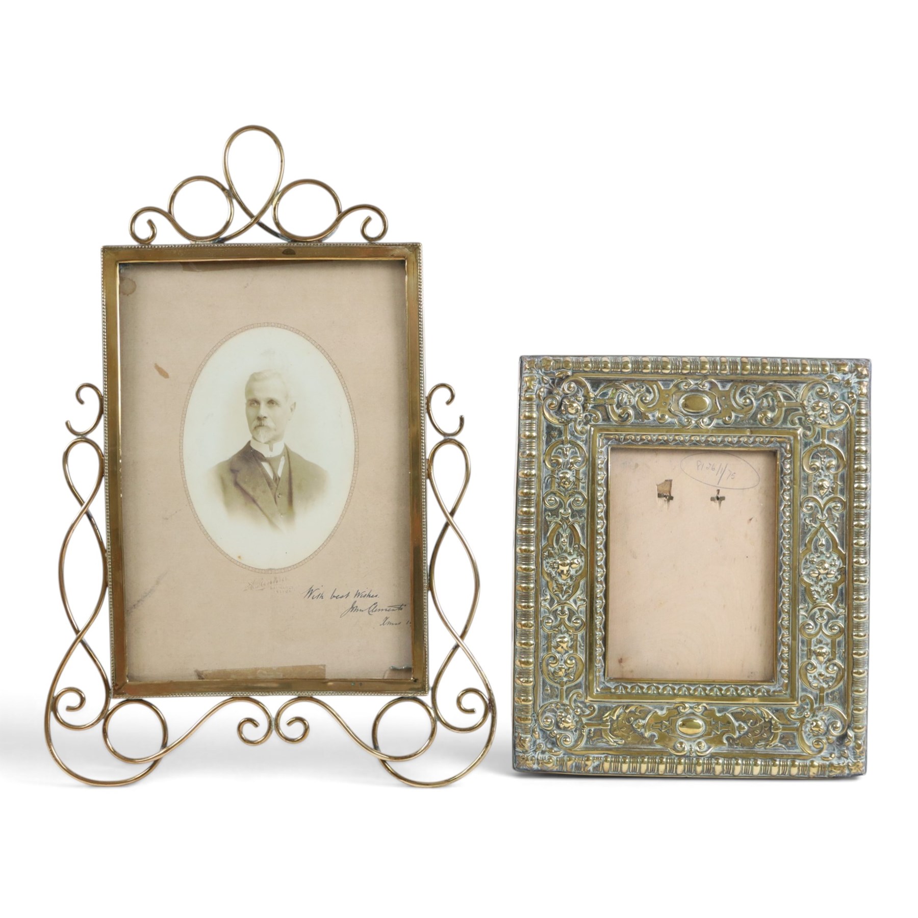 Collection of brass photo frames, including wire work examples, largest H37cm