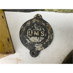 Victorian cast iron railway wagon plate, 'To Carry 10 Tons 4012, Registered by LNER-D 1898', together with a similar mid 20th century example, a smaller cast iron LMS wagon plate, Chalwyn signalling lamp, Give Way to Trains enamel sign and an enamel signal sign