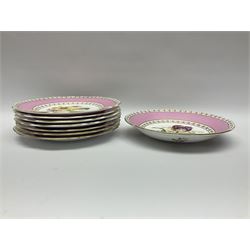 Victorian Copeland, Botanical dessert service, decorated with floral sprigs to the centre with a pink and gilt border, comprising five comports and seven plates, largest comport H20cm, plate D22cm