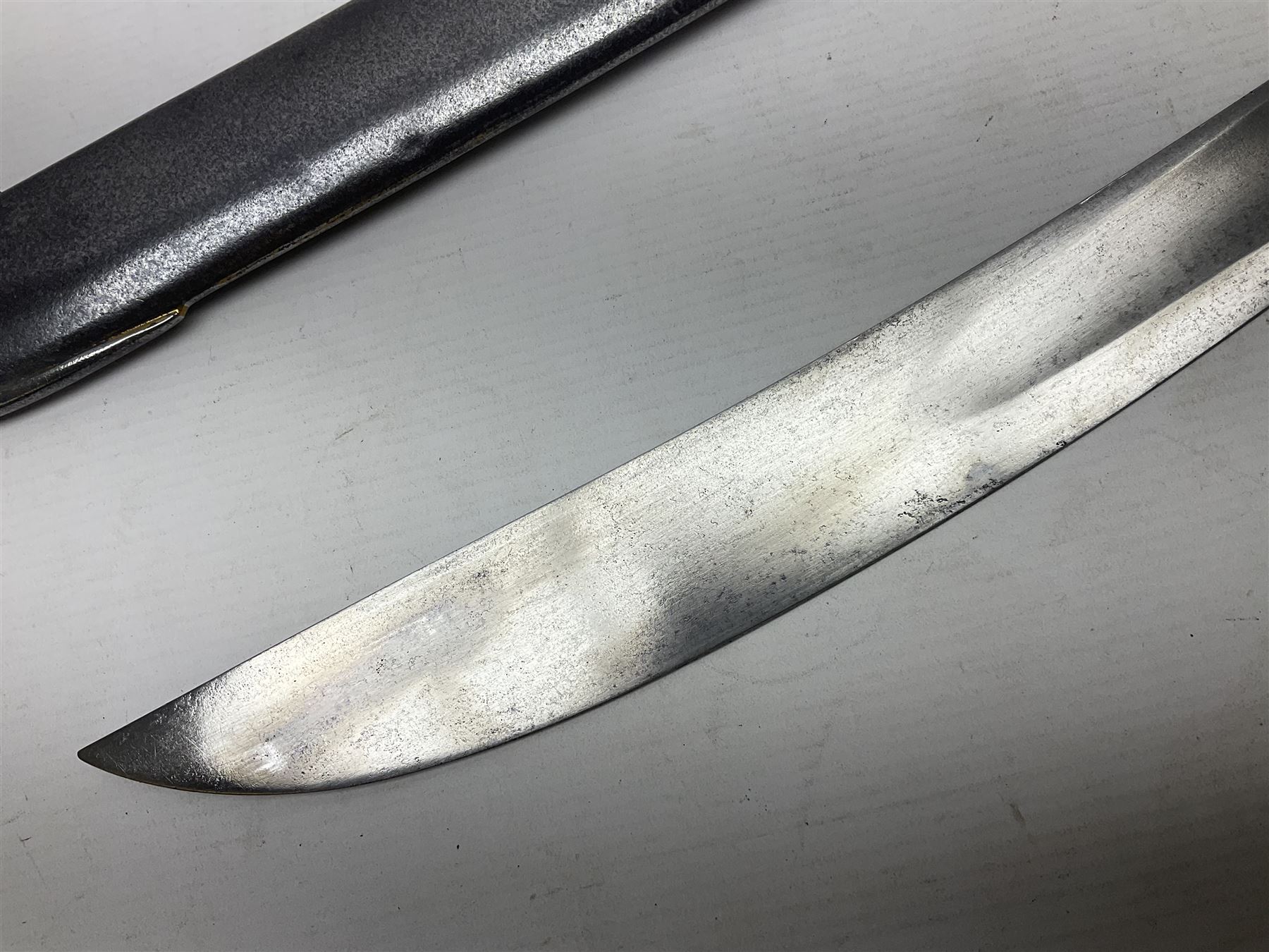 British 1796 Pattern Light Cavalry trooper's sword, the 84cm curving fullered blade stamped Hadley.1 to the back edge, steel hilt with knucklebow, D-shaped langets and leather grip; in polished steel scabbard stamped Osborn & Gunby Birmm. and W.R.16 ( ?16th Light Dragoons) with two suspension rings L100cm overall