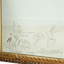 20th century giltwood and gesso wall mirror, rectangular form with pierced foliate and scroll moulded frame, rope twist inner moulding, enclosing an engraved mirror plate decorated with a horse drawn carriage and stylised trees