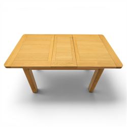 Modern oak extendable table and four chairs, extending top with stowable leaf (Extends to 152cm), chairs with brown upholstery and tapered square legs