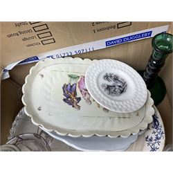 Asiatic pheasant oval meat charger, together with two other meat platters, glass oil lamp, plates, bed warmer, etc 