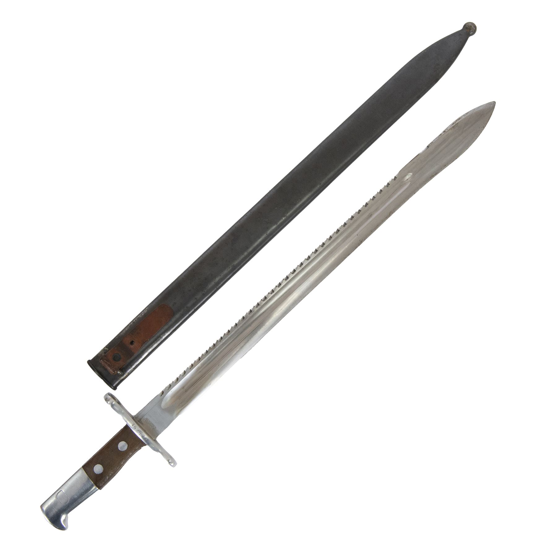 Swiss Pioneer bayonet, with 48cm saw back blade marked to the riccaso Waffenfabrik Neuhausen, steel crossguard marked 752176, with metal scabbard, overall L64cm