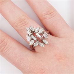 18ct white gold baguette cut and marquise cut diamond cluster ring, stamped, total diamond weight approx 1.40 carat