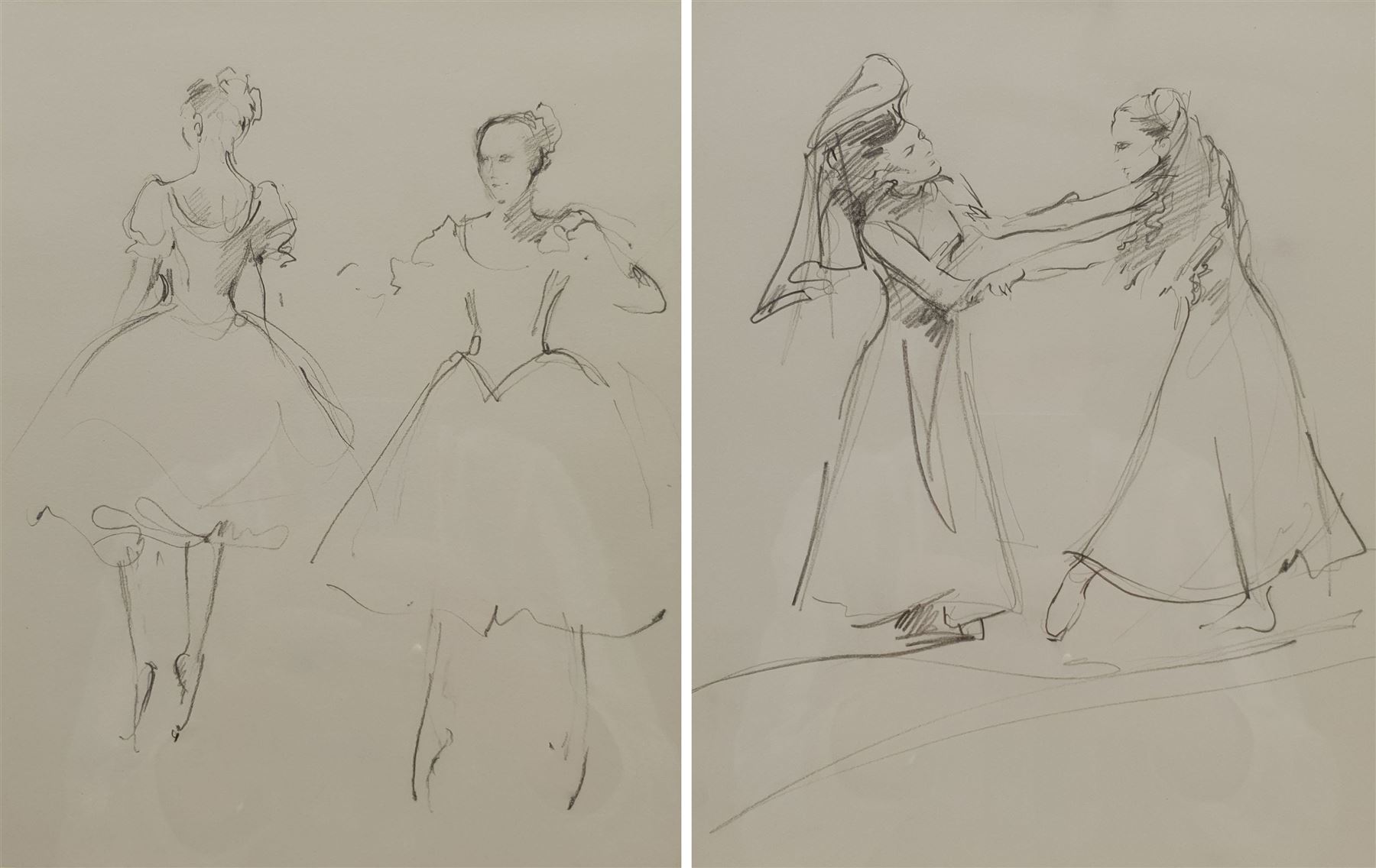 Lesley Fotherby (British 1946-): 'Two Dancers' in Edward II and 'Preparing for Coppelia Study II', two pencil sketches titled on gallerys label verso 25cm x 20cm and 24cm x 19cm (2)
Provenance: exh. 'Lesley Fotherby: Sunlight and Spotlight', Chris Beetles April 2014, No.s 113 and 129, where purchased by the vendor