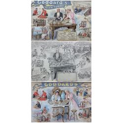 Frederick George Lewin (British 1861-1933): Goddard's Plate Powder Advertisement, three pencil and watercolour sketches framed as one signed with monogram each 13cm x 21cm 