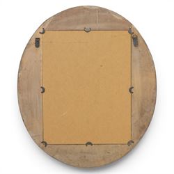 Rusticated driftwood wall mirror, of oval form, the mirror plate within a panelled driftwood frame, overall H83cm W70cm