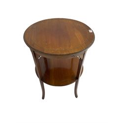 Edwardian inlaid mahogany circular two-tier occasional table, satinwood stringing on sabre supports