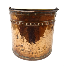  Victorian riveted copper coal bucket with brass swing handle, initialed and dated 1870, H33cm x D39cm   