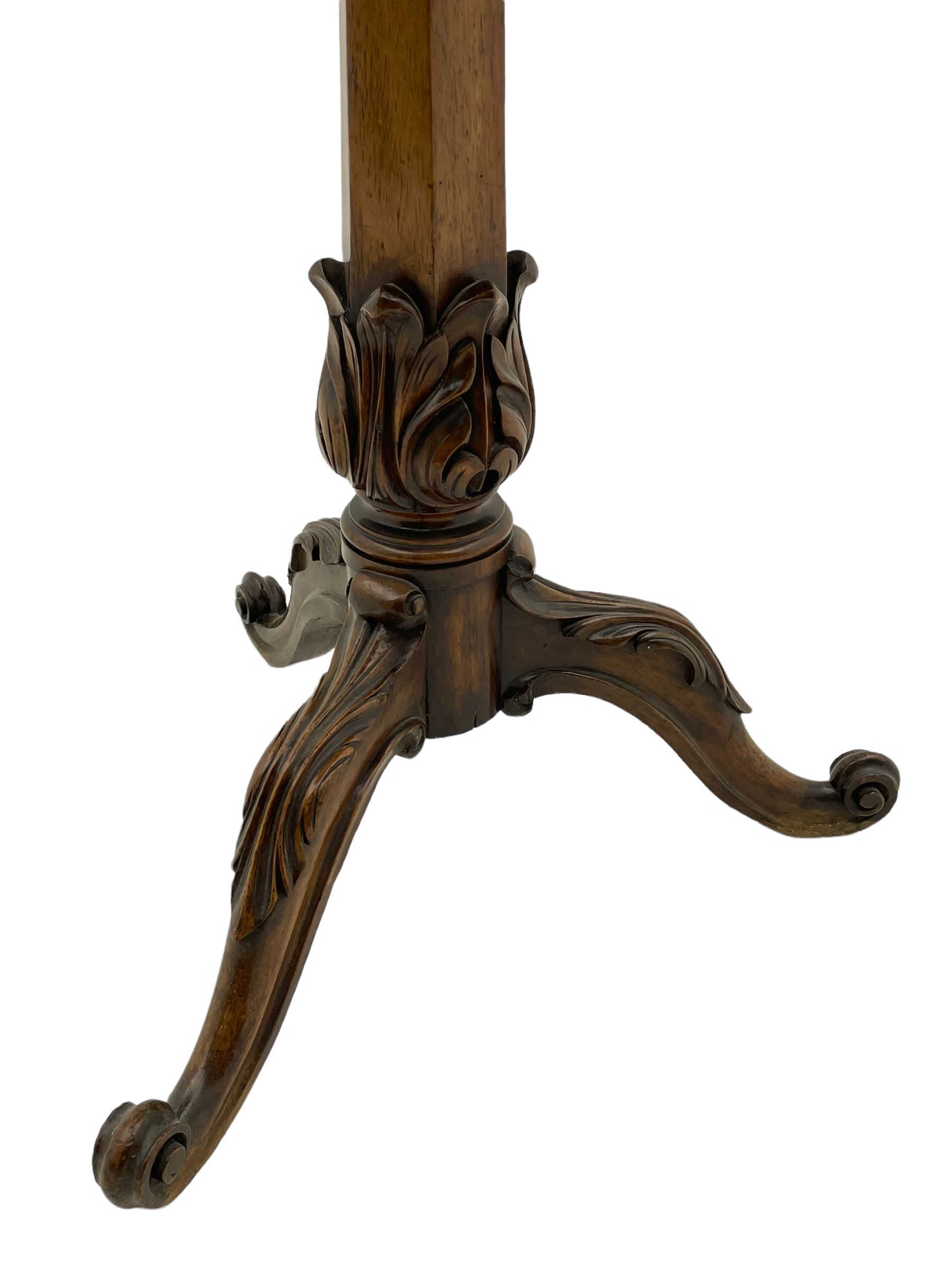Early Victorian rosewood tripod pedestal table, circular moulded top hand painted with flowers and birds on slate, on tapered hexagonal column with carved acanthus leaf baluster, three splayed supports carved with foliage and scrolling terminals 