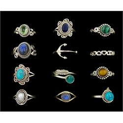 Twelve silver and stone set silver rings including malachite, moonstone, turquoise and pearl, all stamped 925