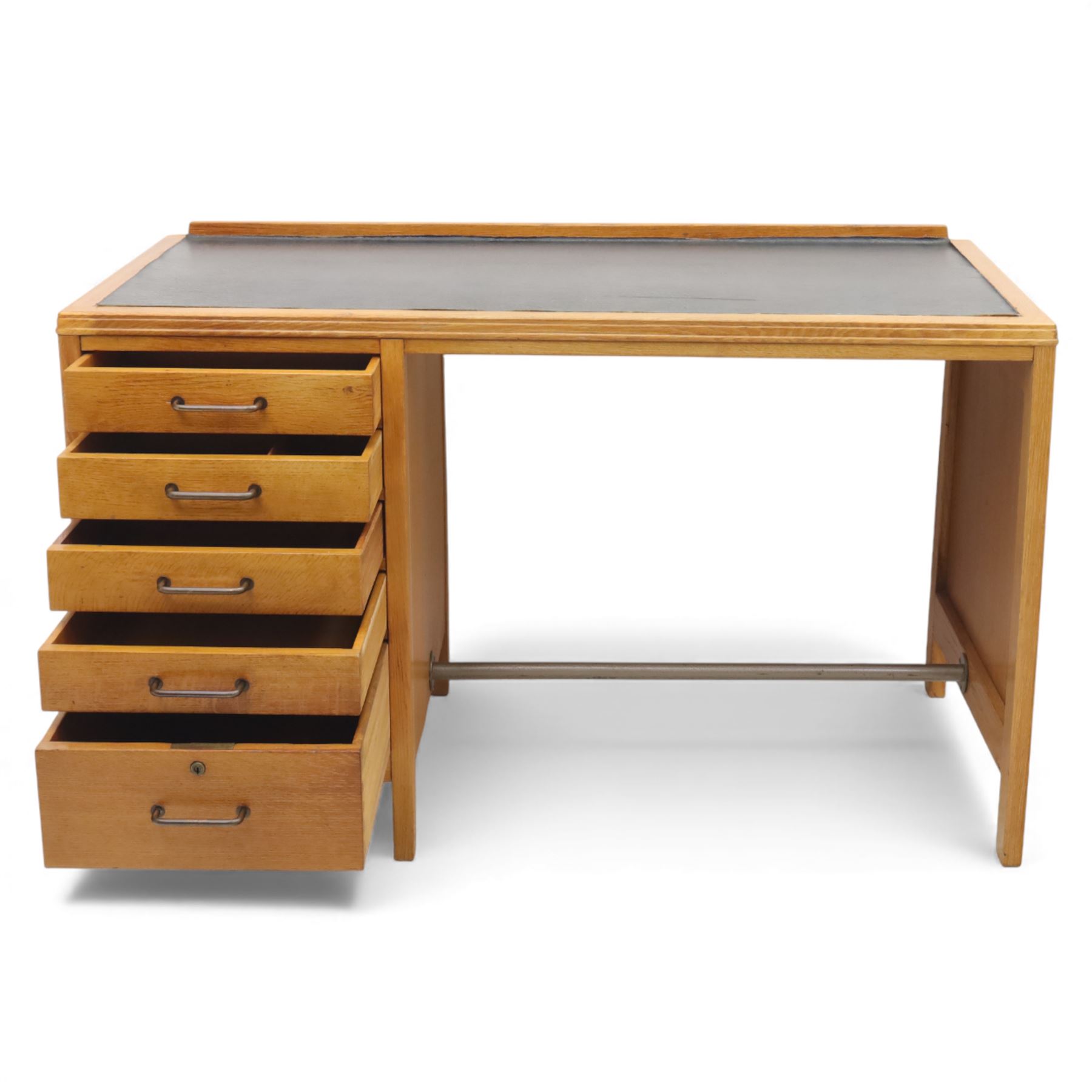 Gordon Russell - Oak pedestal desk with black leather inset top, rectangular galleried back, five graduating drawers, tubular metal handles and stretcher on square supports