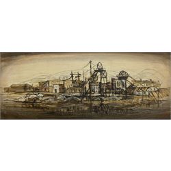 Fred M Atkinson (British 1941-2014): 'Based on Marley Hill Colliery - Between Burnopfield and Whickham', oil on panel signed and dated '77, titled verso 41cm x 101cm (unframed)