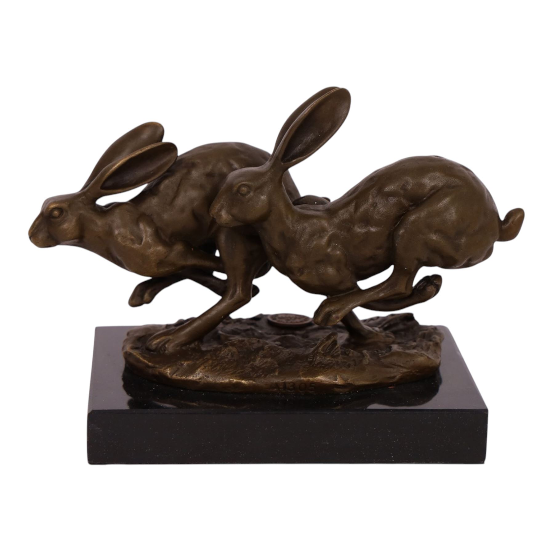 Bronze figure group, modelled two hares in chase, upon naturalistically modelled oval base signed Nick and with foundry mark, raised upon black marble base, H11cm L12.5cm