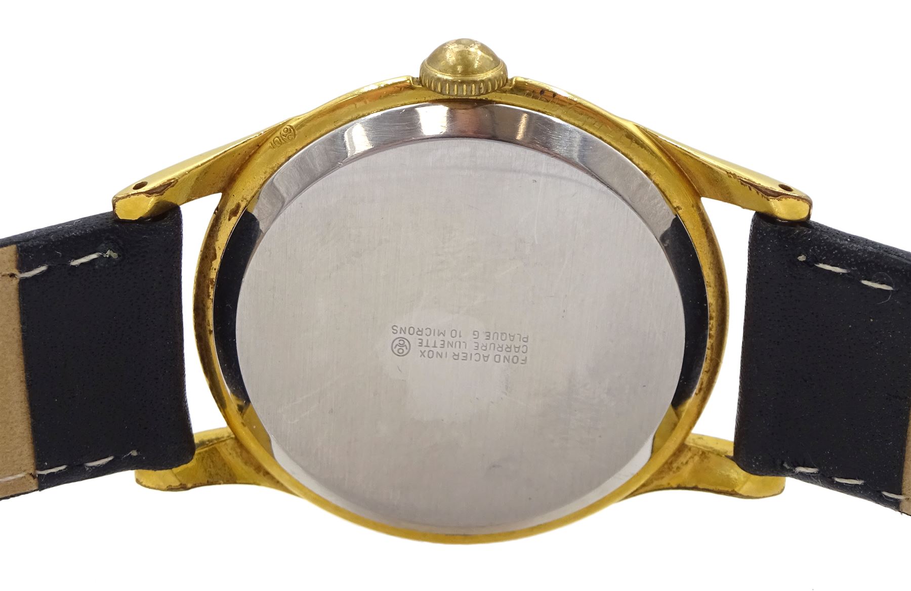 Oris gentleman's gold-plated and stainless steel manual wind wristwatch, silvered dial with subsidiary seconds dial, on black leather strap, boxed