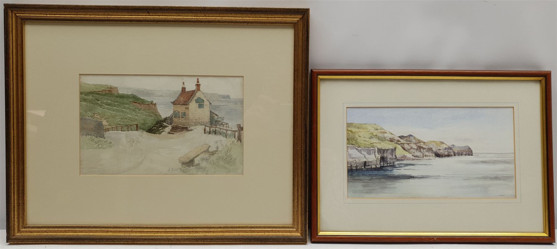 Derek Carpenter (British 1936-2010): Sandsend from the Ness, pastel signed 32cm x 35cm; L Tindall (Late 20th century): The Ness Sandsend, watercolour signed 13cm x 23cm; 'Mulgrave Inn Upgang' Whitby, early 20th century watercolour indistinctly signed and extensively inscribed verso 14cm x 22cm (3)