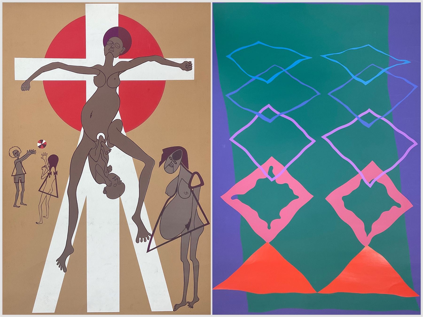 Rolph G Webster (British 20th Century): Woman gives birth on the Cross, screen print signed and dated '74, 76cm x 50cm; Ben C** (British 20th Century): Abstract Diamonds, artists proof lithograph indistinctly signed, dated '70 and numbered 7/10, 102cm x 68cm (2)