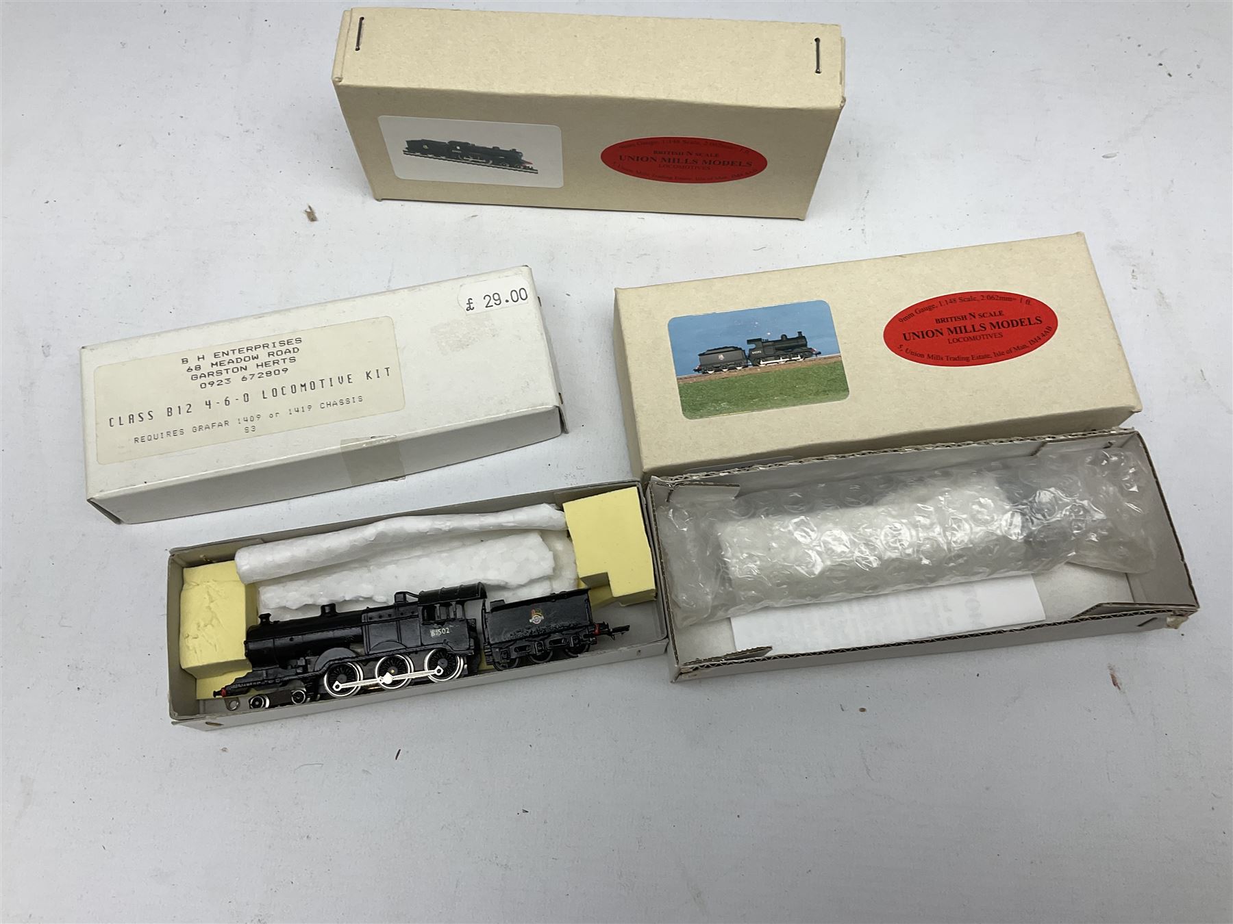 'N' gauge - two Union Mills locomotives comprising 'Director' Class D11 4-4-0 'Prince Albert' No.62663 and Class J11 0-6-0 No.64292; each in original box with paperwork; Class A4 4-6-2 locomotive marked Trix W. Germany with tender marked Grafar in Langley Miniature box; and kit-built BH Enterprises Class B12 4-6-0 locomotive No.60512 with Grafar chassis; boxed (4)