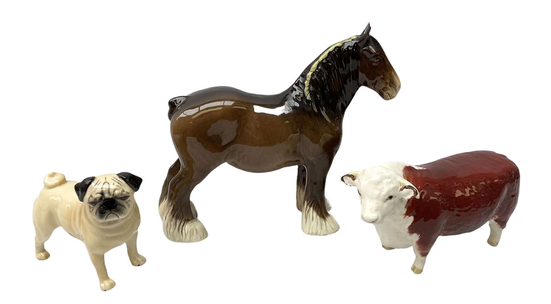 Three Beswick models comprising Hereford Bull no 949, 'CH Cutmil Cupie' Pug, and bay Shire horse, all with printed marks beneath
