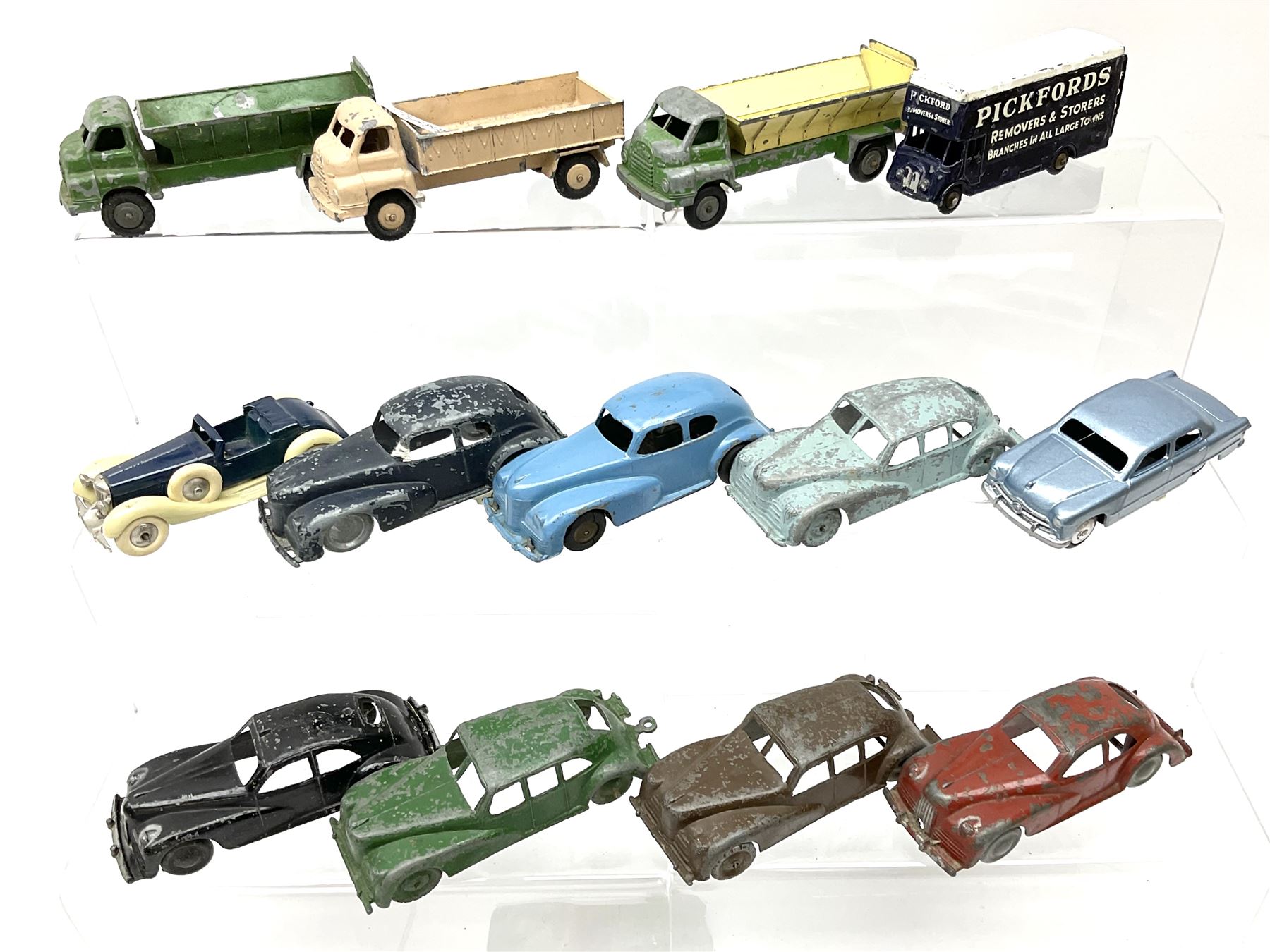 Various Makers - fourteen unboxed and playworn early die-cast models comprising seven by Kemlow/Automec including Pickfords Removal van, two grit spreaders and open back lorry; Buccaneer Bentley open top tourer; Betal friction-drive car and another; two Kembo cars; Lemeco Ford 1950 Sedan; and incomplete Lemeco Bristol 1939 tourer for assembly (14)