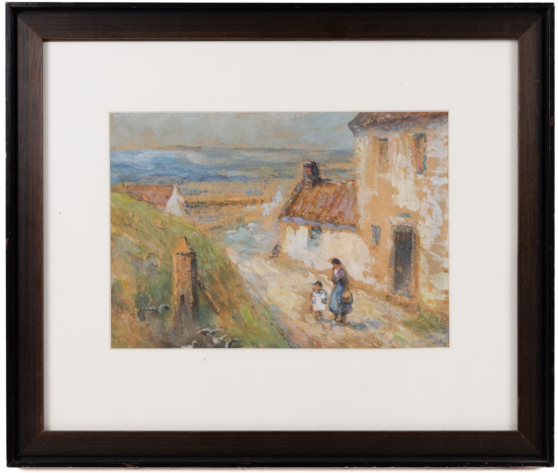 Scottish School (Early 20th Century): Mother and Child in a Rural Village, mixed media faintly signed MB?, 17cm x 25cm
