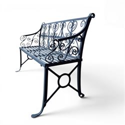 Regency period wrought iron garden bench, hand forged in wrought iron and finished in matt...