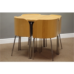 Light oak rounded squared top dining table with four matching nesting chairs, 85cm x 85cm, H74cm  