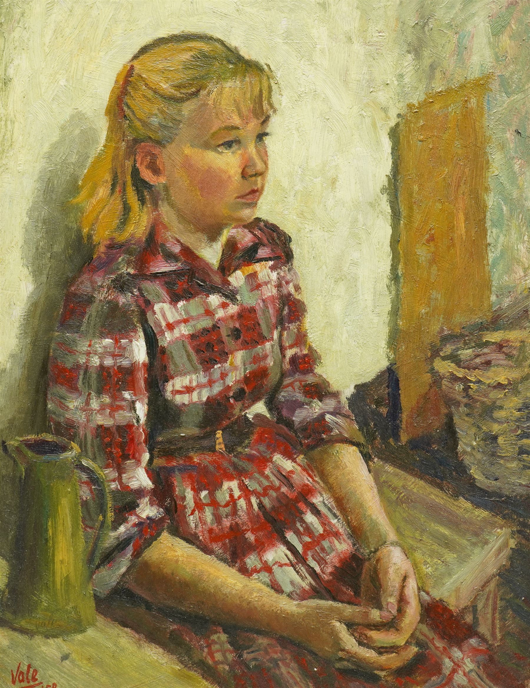 Brian Vale (British 1930-2008): Portrait of a Girl with a Green Jug, oil on canvas signed and dated '58, 45cm x 34cm
