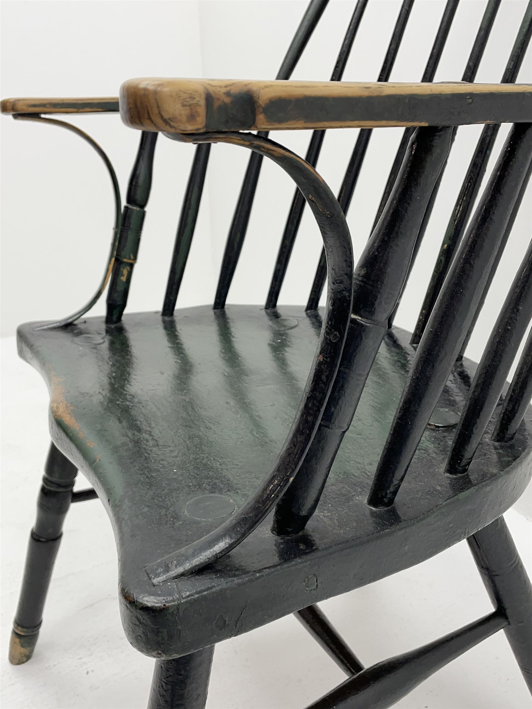 18th century West Country ash and elm Windsor armchair, high hoop and stick back, turned supports with H stretcher, green paint finish