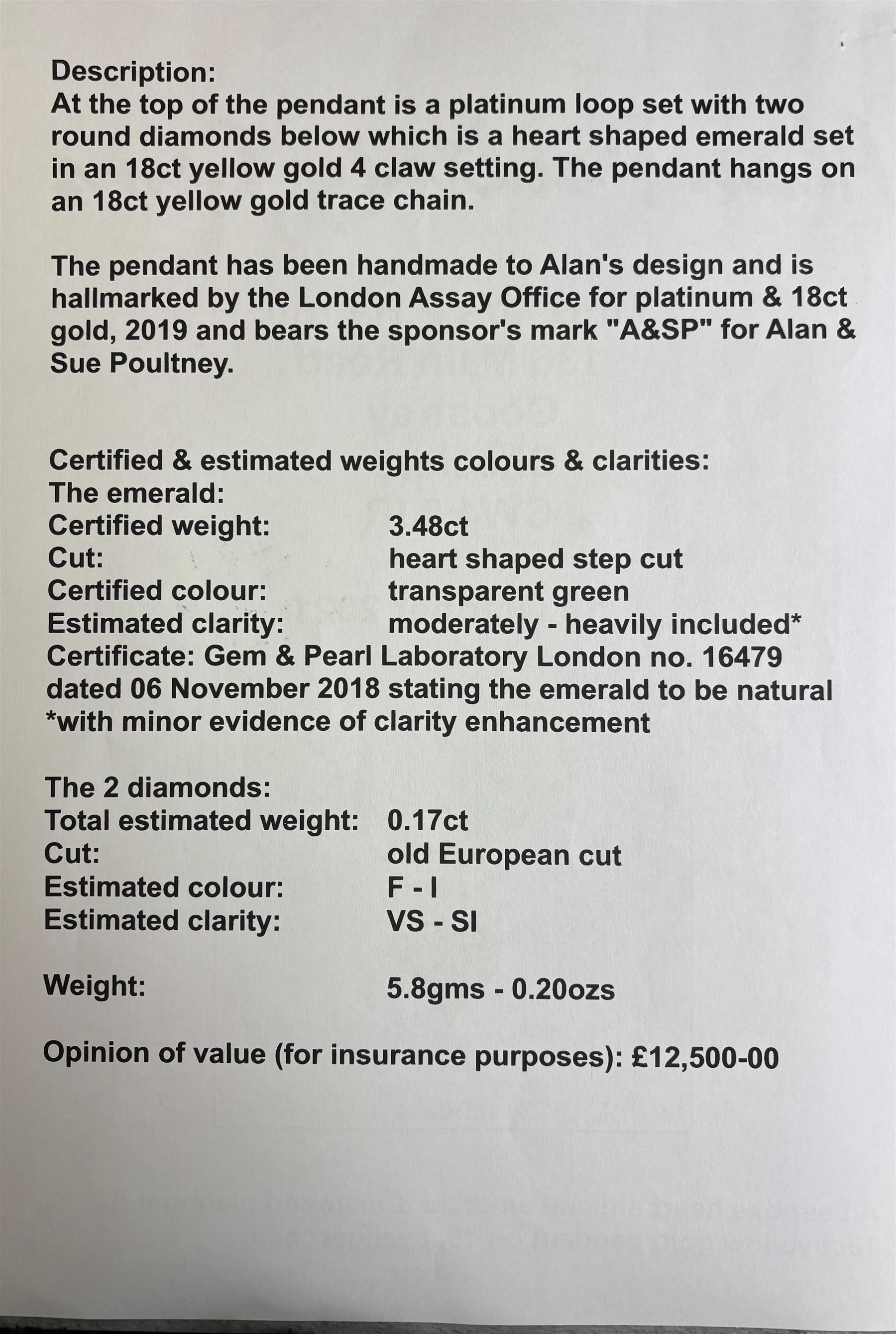 18ct and platinum emerald and diamond pendant necklace, the single heart cut emerald of 3.48 carat, the bail set with two old cut diamonds, London 2019, on an 18ct gold trace link chain necklace, with Alan Poultney Gems report, the emerald with The Gem & Pearl Laboratory report