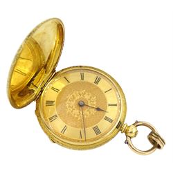 18ct gold full hunter key wound cylinder ladies pocket watch, gilt dial with Roman numerals, the inner dust cover engraved 'Examined by the Goldsmiths' Alliance Limited 11 & 12 Cornhill London', the case with engraved flower, foliate and engraved cartouche decoration, the inner cover engraved Helen Hodson Beverley, stamped 18K