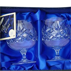 Set of six Henry Marchant crystal brandy glasses and six whisky tumblers, boxed