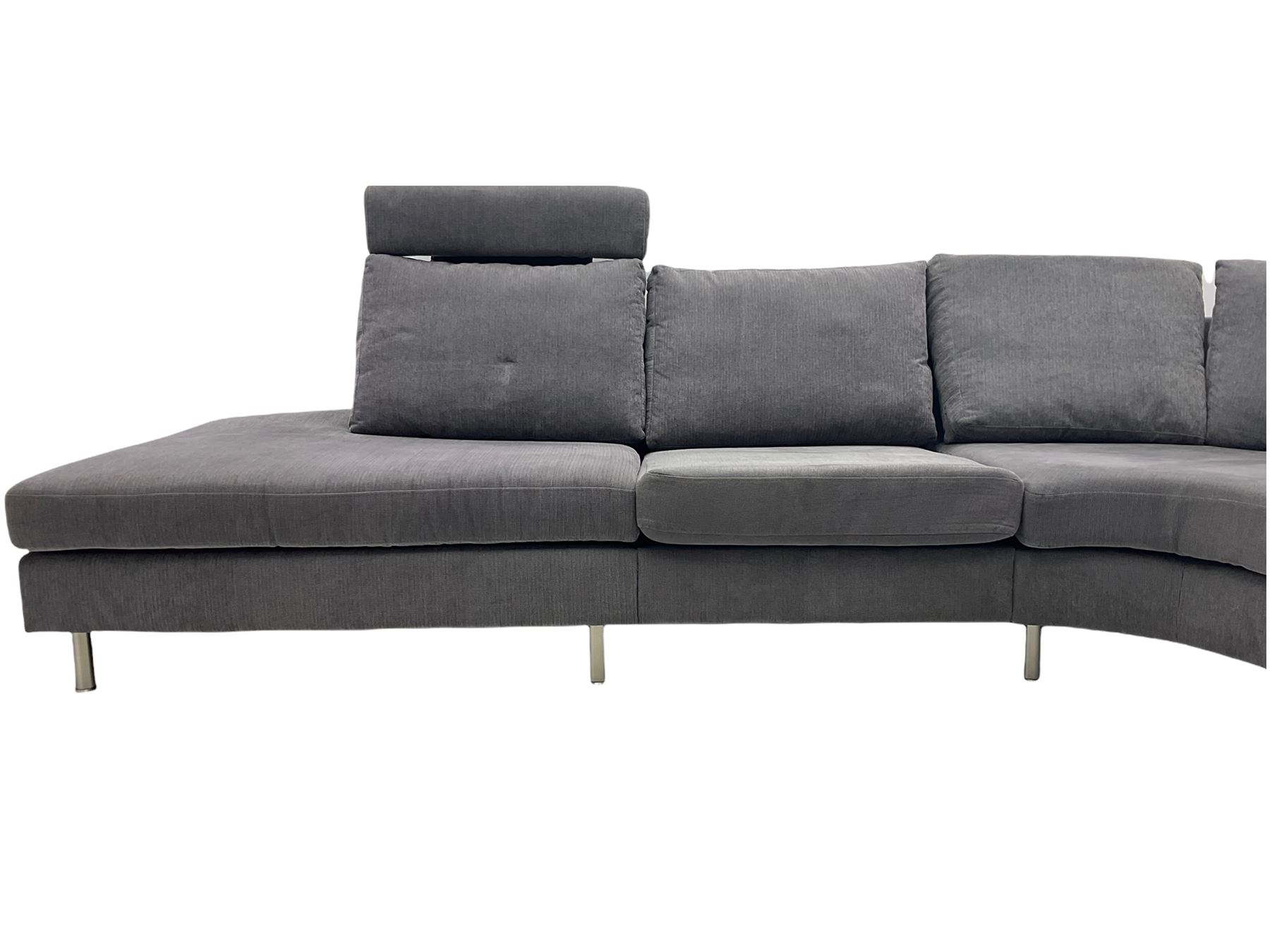 BoConcept 'Indivi 2' corner lounge sofa in grey Matera fabric, three sections with two moveable headrests and brushed steel supports designed by Anders Nørgaard 