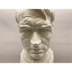 Large post-war plain white plaster head and shoulder bust of Adolf Hitler, on square base H60cm