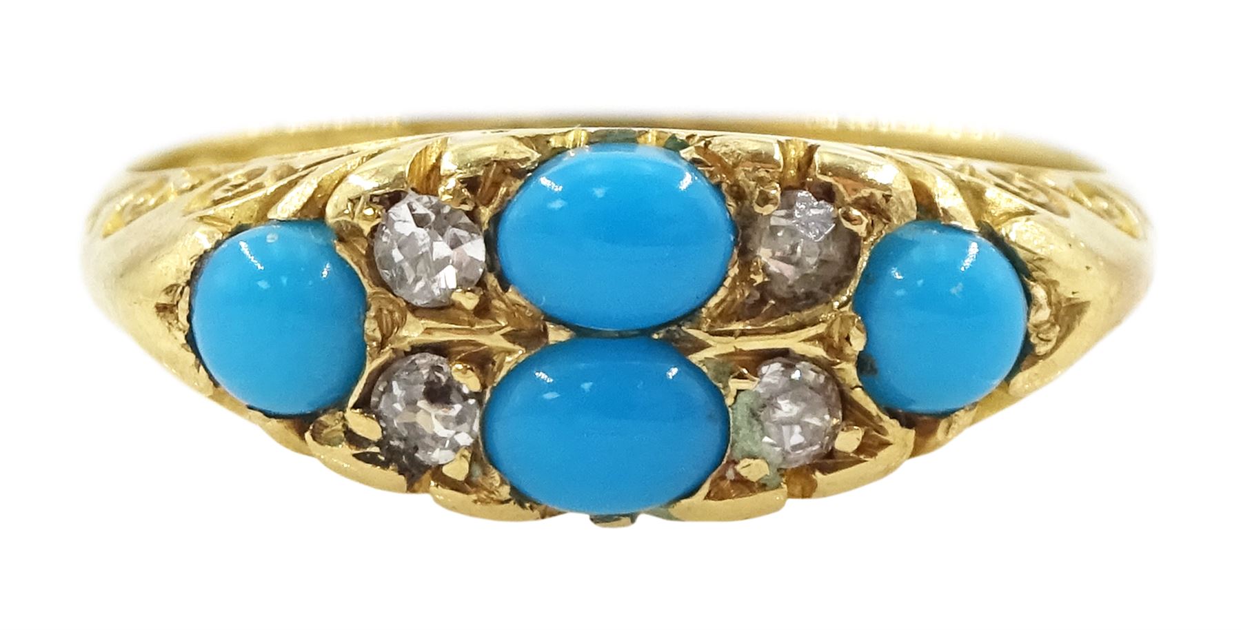 Early 20th century 18ct gold four stone turquoise and four stone old cut diamond ring, Birmingham 1913