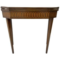 19th century inlaid mahogany card table, rectangular fold-over top with canted front corners, decorated with banded and strung edge with central inlaid fan motif, frieze decorated with geometric inlay, over a single action gate-leg base with square tapering supports