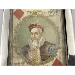 Edwardian silver mounted playing card case, hallmarked William Harrison Walter, Birmingham 1903, the sides each with a period playing card set behind a bevelled glass panel, the hinged cover with later engraving 'Presented to Norman T Crombie Esq by the officers & men of the 31st WR Detachment for services rendered 1917-1918', with red leather lined interior, the three compartments upon a sprung base and containing two later wooden Whist markers, case H12.5cm