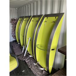 Salon Equipment - Set of four green and metal wall mounting units with glass shelves and hangers and display hanging station with large amount of loom bands. - THIS LOT IS TO BE COLLECTED BY APPOINTMENT FROM DUGGLEBY STORAGE, GREAT HILL, EASTFIELD, SCARBOROUGH, YO11 3TX