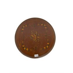 Greenwood and Sons York - early 20th century mahogany side or lamp table, decorated with floral garlands and central musical instrument motifs, with square tapering supports joined by an under-tier 
