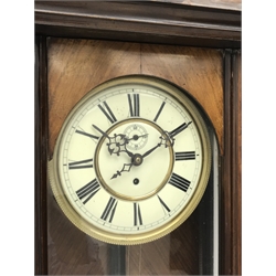 Late 19th century Vienna type wall clock in walnut case,  figural pediment above glazed door with half turned pilasters, single weight driven movement stamped '159964', H132cm