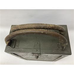 WW2 green painted metal bound wooden magazine carrying box containing twelve twenty-round clips in three compartments, with double leather carrying handles to the hinged lid L24cm H30cm (excluding handles)