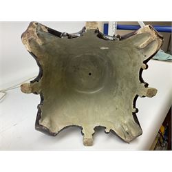 Composite table lamp modelled as a Roman Emperor donning blue robes, upon quatrefoil base modelled with rams heads and winged cherubs, H56cm excl fitting