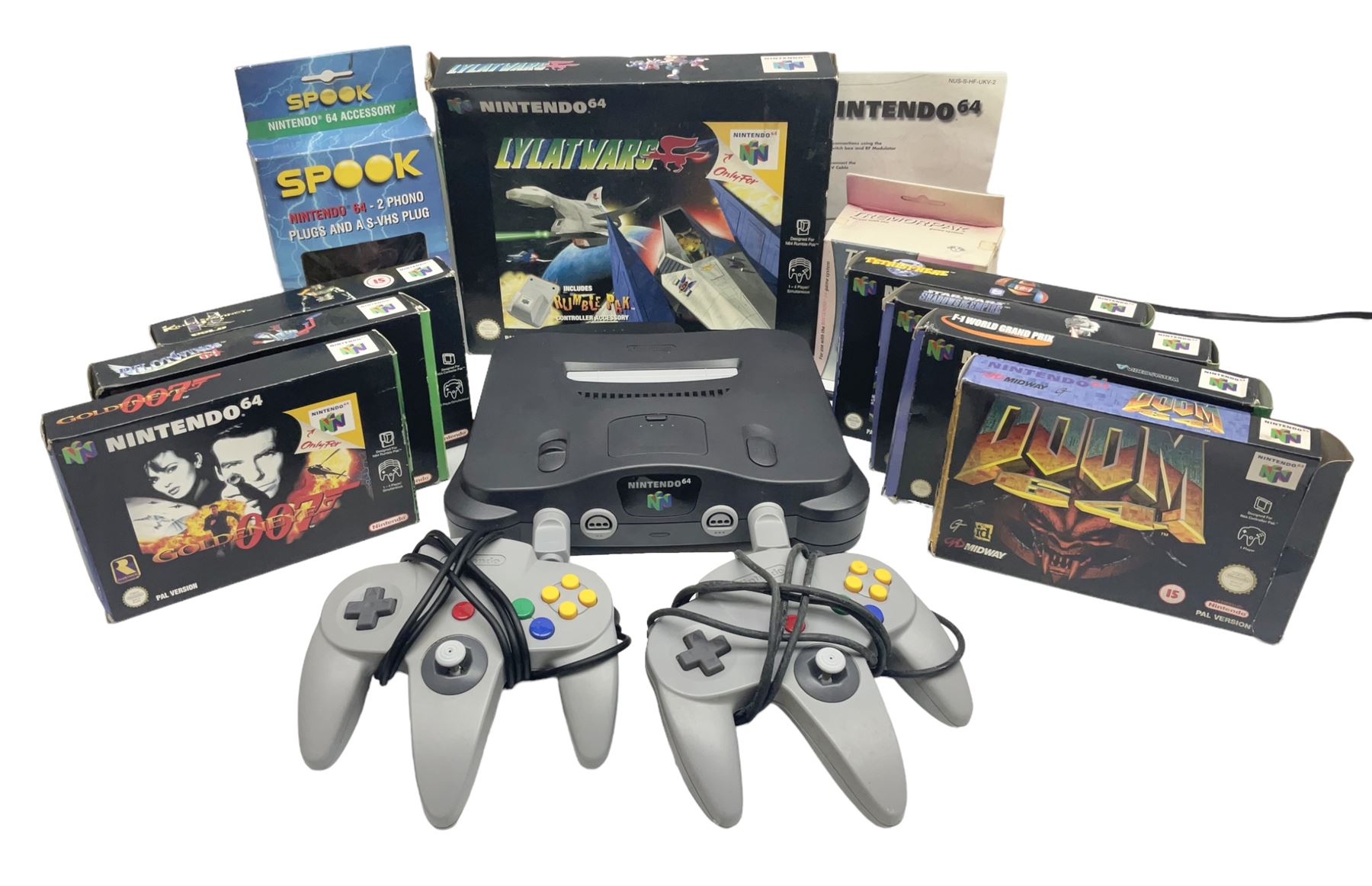 Nintendo 64 console, two controllers, games and accessories. Accessories to include the ‘Tremorpak’ and ‘Spook’ 2 Phono plugs and a S-VHS plug with adapter, both in original boxes. Games to include ‘Golden Eye 007’, ‘Doom 64’, ‘Killer Instinct Gold’, ‘Tetrisphere’, ‘F-1 World Grand Prix’, ‘Pilotwings 64’ and ‘Lylatwars’ with ‘Rumble Pak’, all with original boxes and instruction manuals. ‘Star Wars Episode I Racer’ game cartridge in Shadows of the Empire box. 