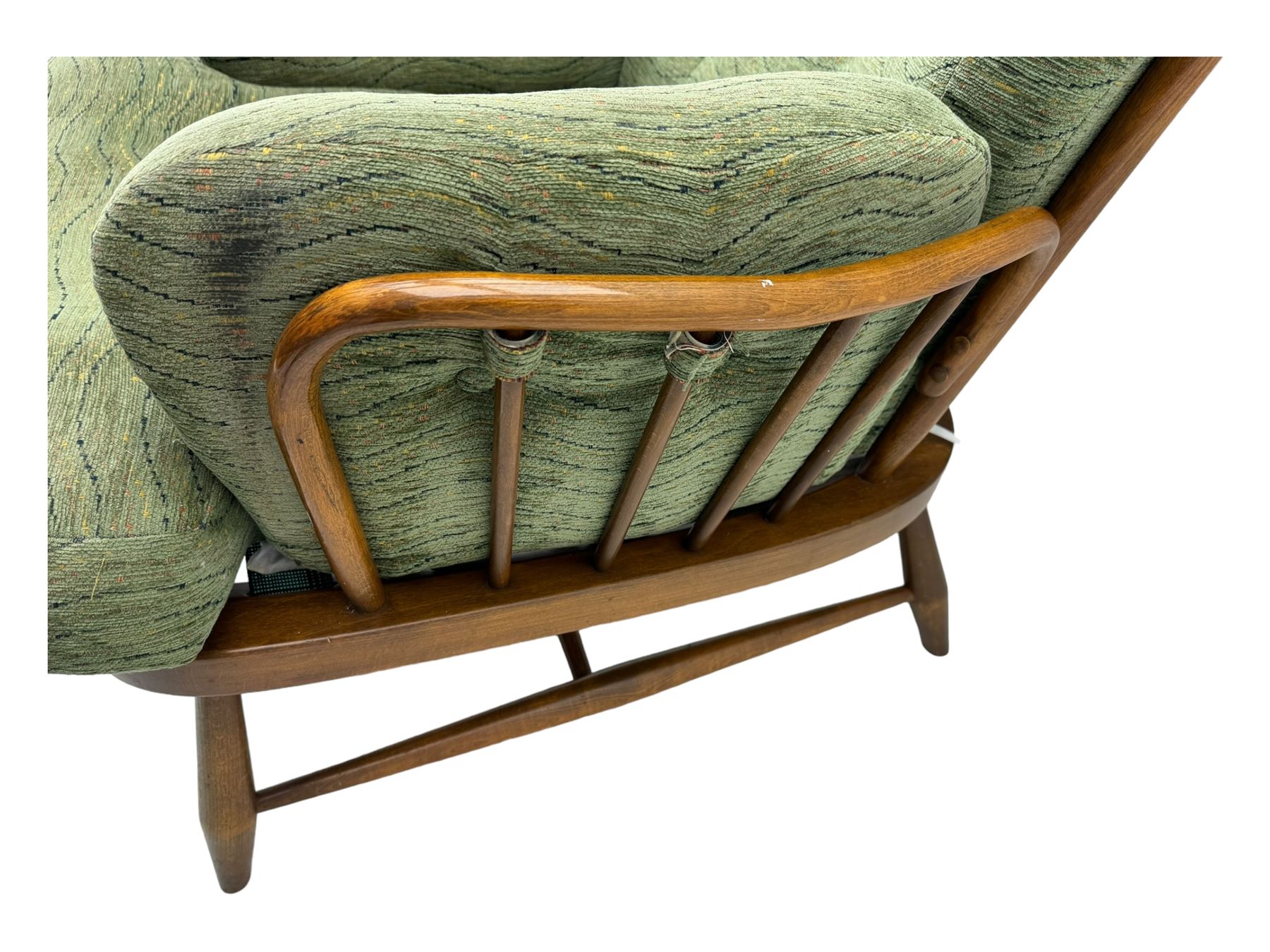 Ercol - mid-20th century three-piece suite, comprising two-seater sofa, upholstered in green fabric with teak frame, on splayed supports with stretcher (W142cm, D95cm, H87cm); with matching pair of armchairs (W82cm, D95cm, H87cm)