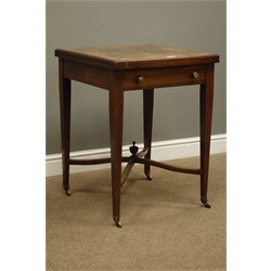  Edwardian rosewood inlaid envelope top card table, with single drawer on square supports joined by a cross stretcher, W55cm, H73cm, D55cm  