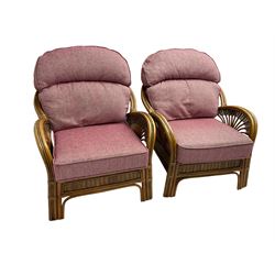 Three piece cane and bamboo conservatory suite - two seat sofa (W140cm, H104cm, D93cm), and pair matching armchairs (W80cm), with loose cushions upholstered in purple fabric