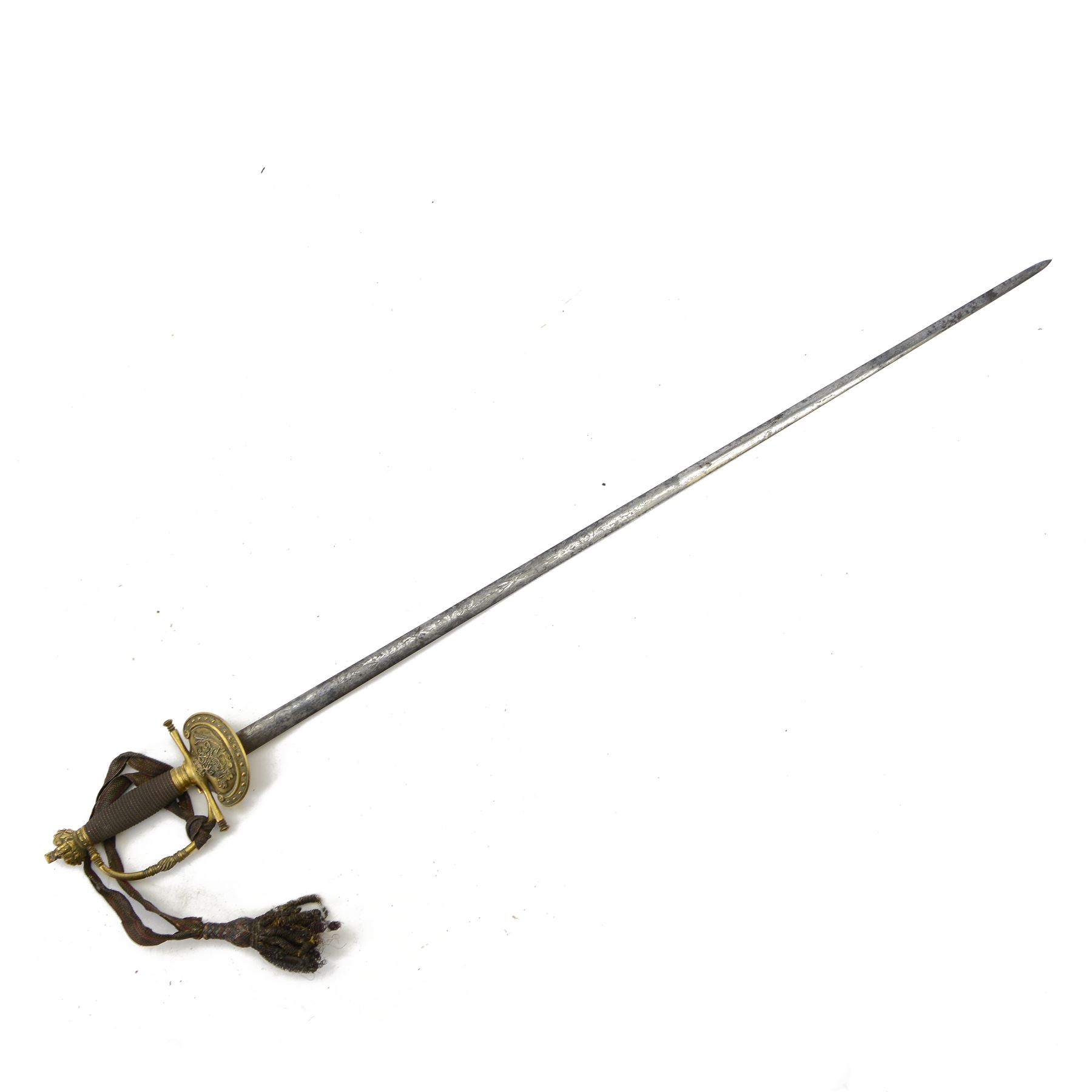 William IV court sword, the 79cm blade finely etched with scrolling motifs, with crown pommel, wire bound grip, gilt shell guard and crowned cypher, with damaged scabbard, L92cm