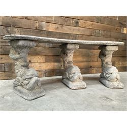 Cast stone four piece curved Dolphin bench, set with three dolphin pillars, curved rectangular slab top with detailed border